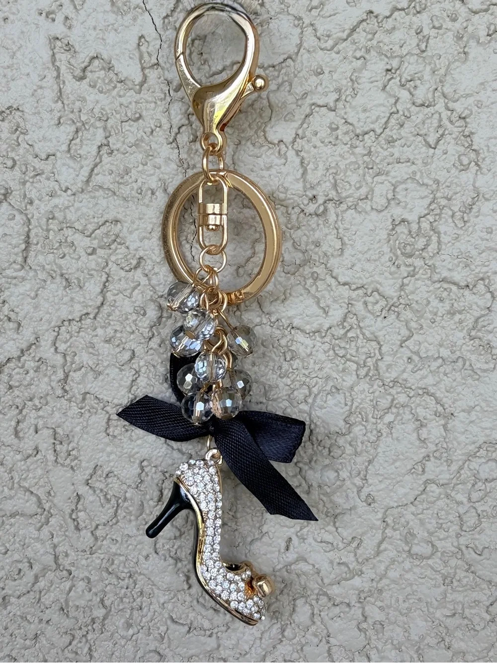 Gold Rhinestone High Heel Keychain with Black Bow & Faceted Crystals
